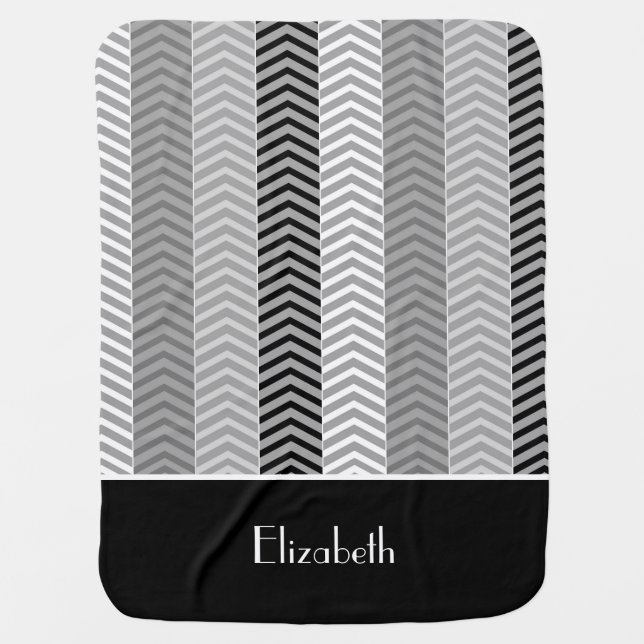 Contempory Black White Chevron Stripes and Name Baby Blanket (Front)