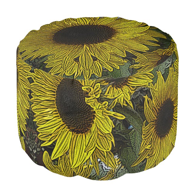 contempory design large yellow sun flowers pouf (Angled Front)