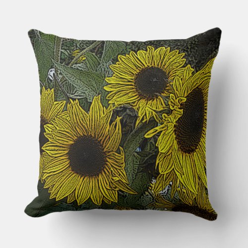 contempory picture of large yellow sun flowers throw pillow