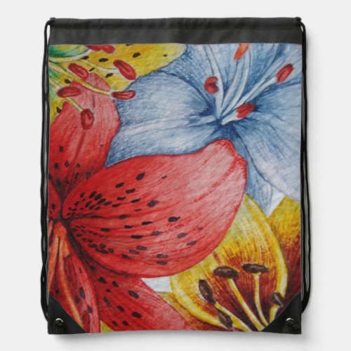 contempory red blue and yelllow lily flowers messe drawstring bag
