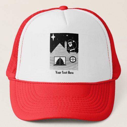 contempory santa on roof black and white christmas trucker hat