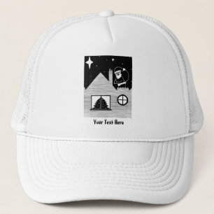 contempory santa on roof black and white christmas trucker hat