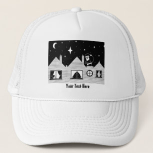 contempory santa on roof black and white christmas trucker hat