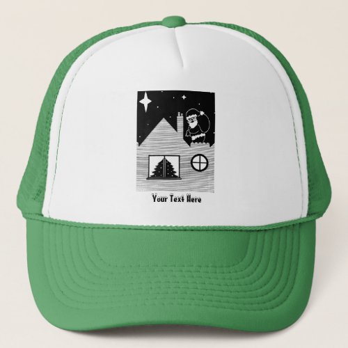 contempory santa on roof black and white christmas trucker hat