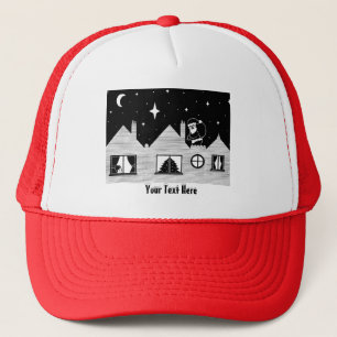 contempory santa on roof black and white christmas trucker hat