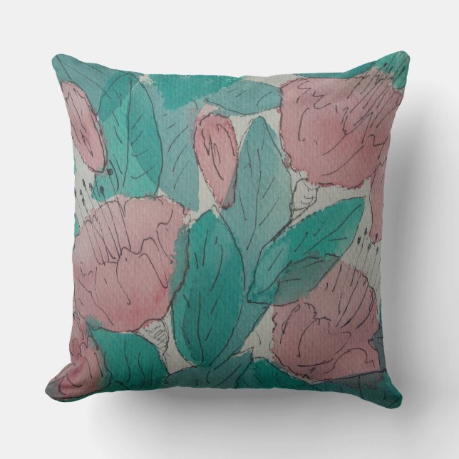 contempory sketchy abstract pink fuschia flowers throw pillow (Front)