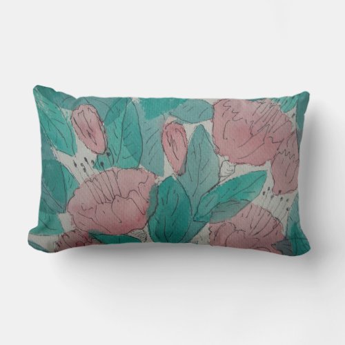 contempory sketchy leaves and pink fuschia flowers lumbar pillow