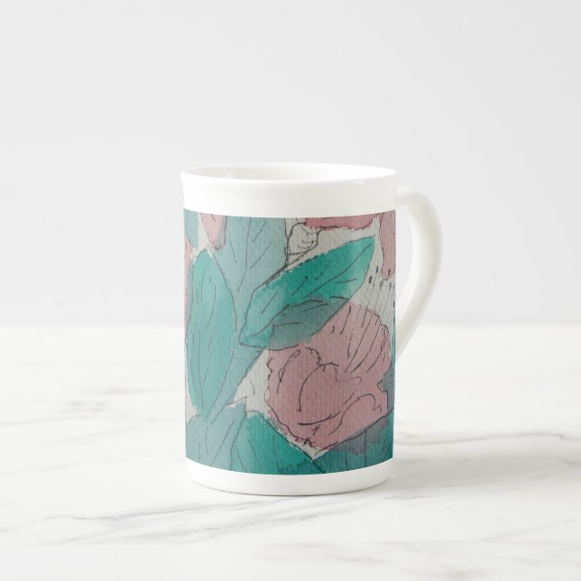 contempory sketchy pink flowers and leaves floral bone china mug (Front Right)