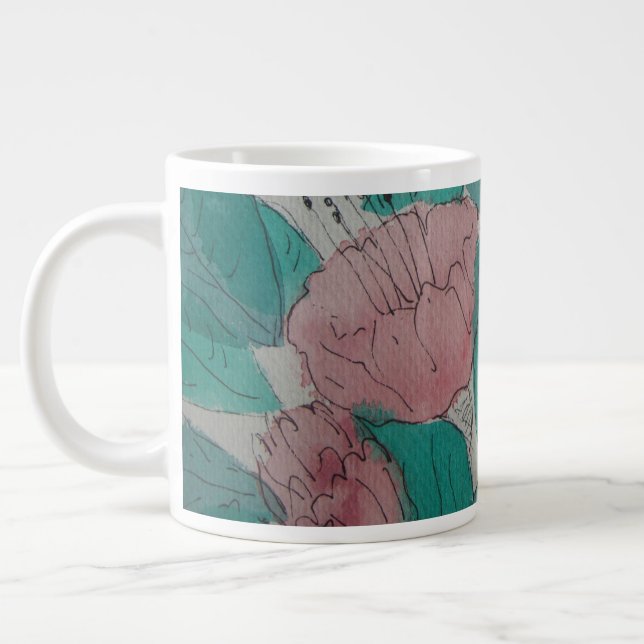 contempory sketchy pink flowers and leaves floral giant coffee mug (Left)