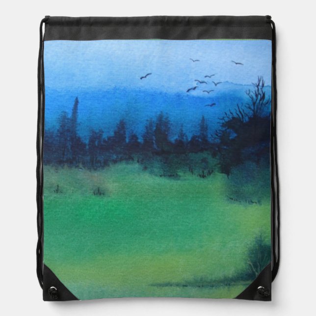 contempory spooky woodland green and black drawstring bag (Front)