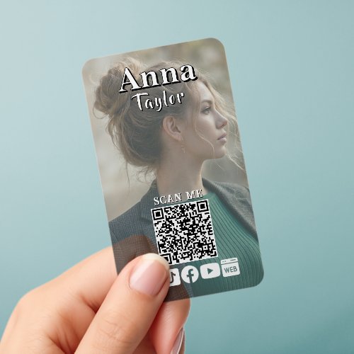 Content Creator Modern Photo Social Media QR Code Clear Business Cards