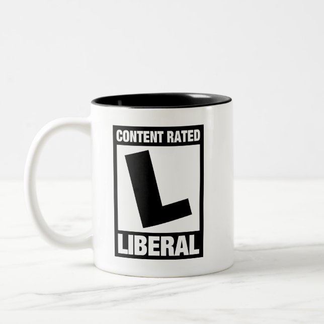 Content Rated Liberal Funny Democrat Two-Tone Coffee Mug (Left)