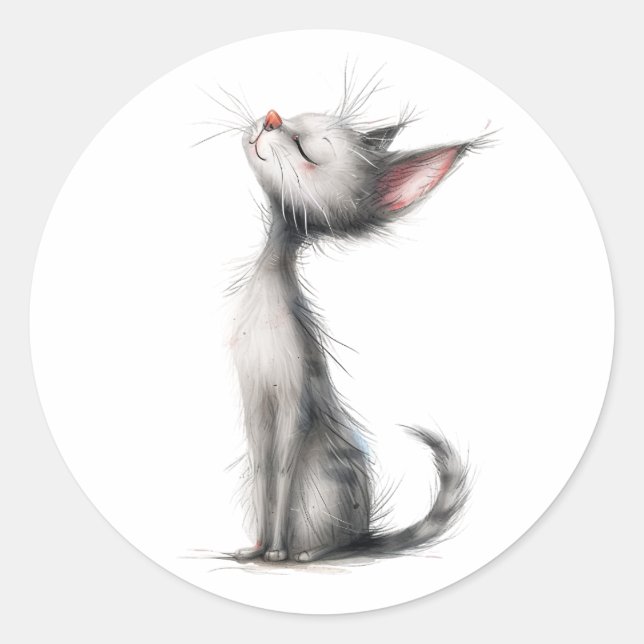 Contented Gray Cat Illustration Classic Round Sticker (Front)