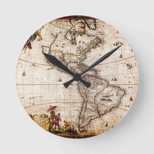 Continent of America Old Map Round Clock