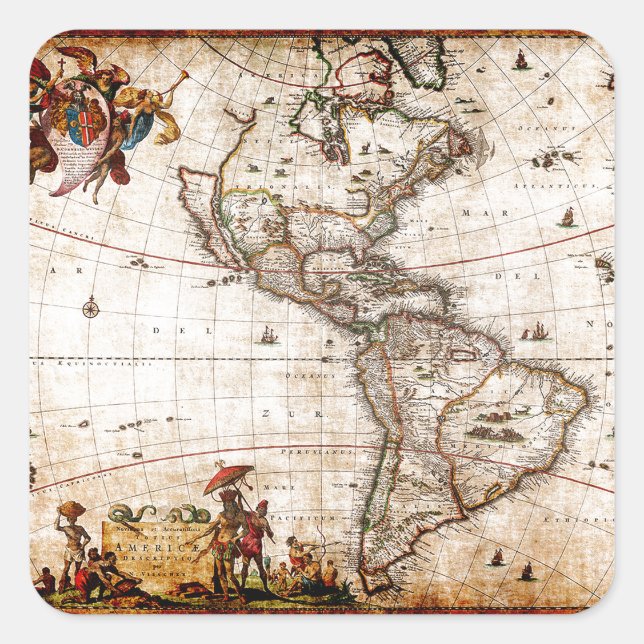 Continent of America Old Map Square Sticker (Front)