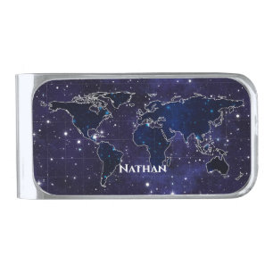 Continents in Star Constellations Night Sky Name Silver Finish Money Clip