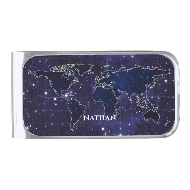 Continents in Star Constellations Night Sky Name Silver Finish Money Clip (Front)