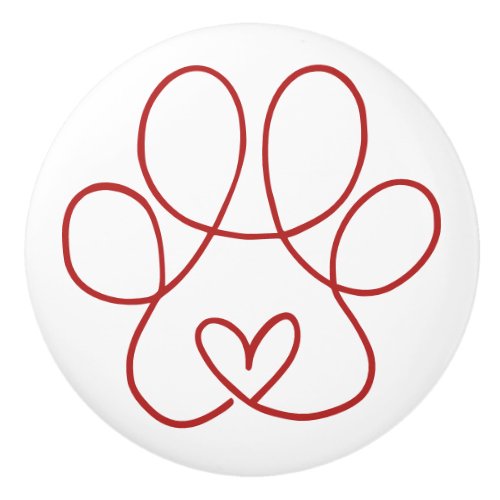 Continuous Line Art Paw with Heart  Ceramic Knob