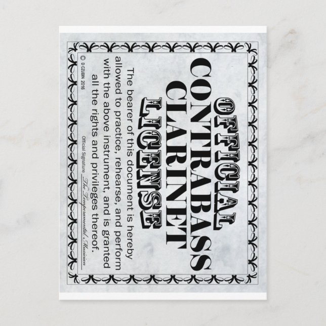 Contrabass Clarinet License Postcard (Front)