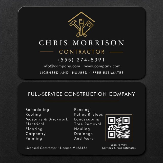 Contractor Black Gold QR Code Business Card (Creator Uploaded)