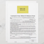 Contractor Final Affidavit & Release of Lien Form (Front/Back)