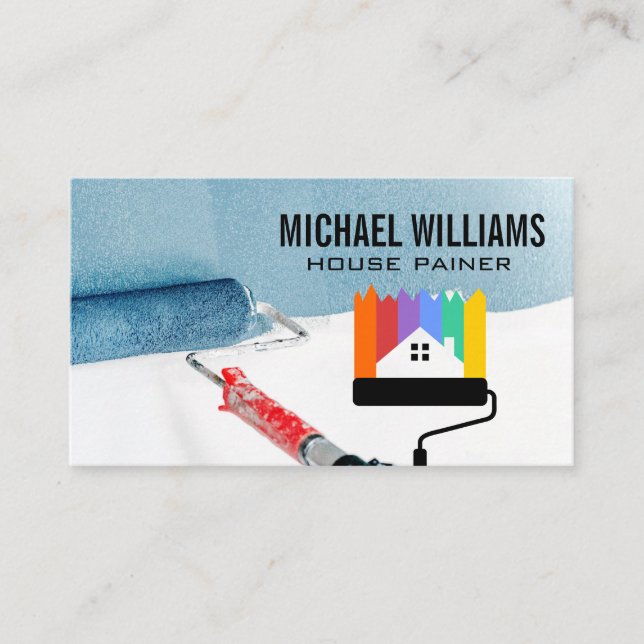 Contractor Painting Wall | Paint Roller House Logo Business Card (Front)