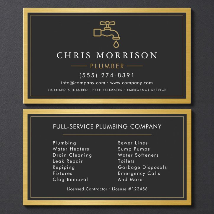 Contractor Plumbing Service Gold Black Business Card