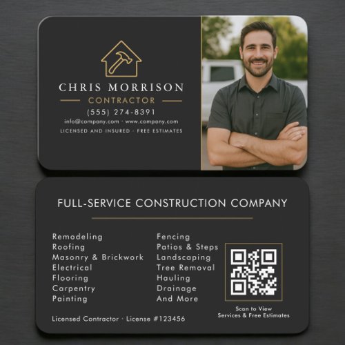 Contractor QR Code Photo Black Gold Business Card