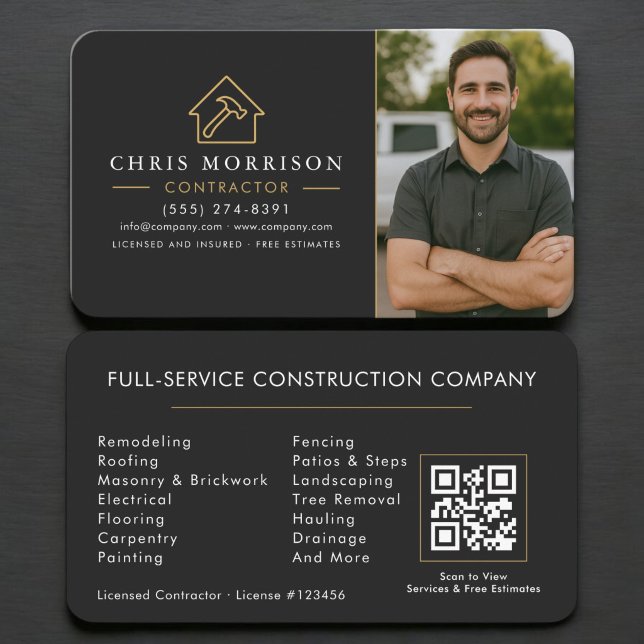 Contractor QR Code Photo Black Gold Business Card (Creator Uploaded)