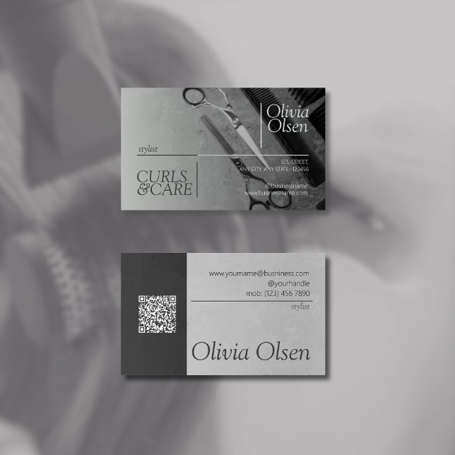 Contrast Black Grey Hair Stylist, Salon & Barber  Business Card (Front and back side)