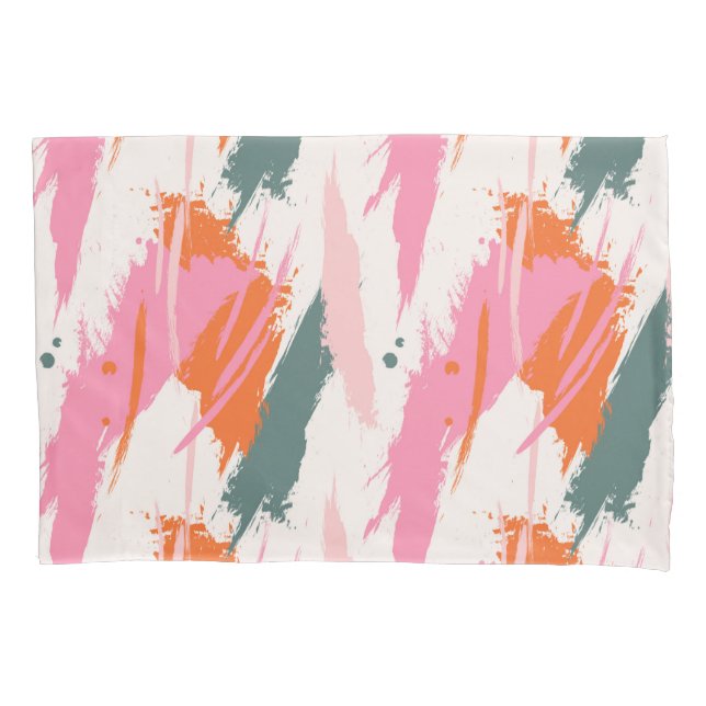 Contrast brush strokes pink green red  pillow case (Front)