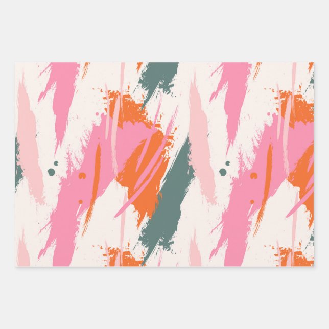 Contrast brush strokes pink green red  wrapping paper sheets (Front)
