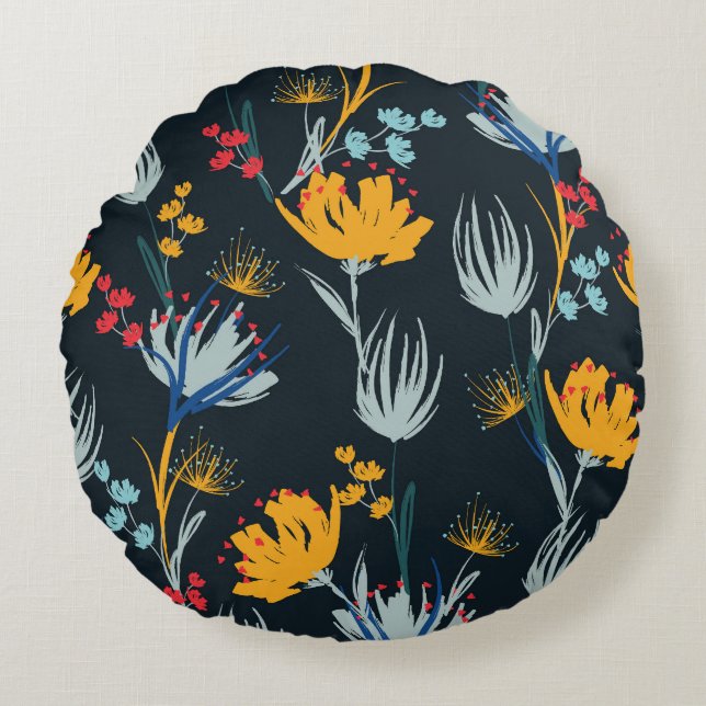 Contrast Floral Brush: Black Seamless Round Pillow (Front)