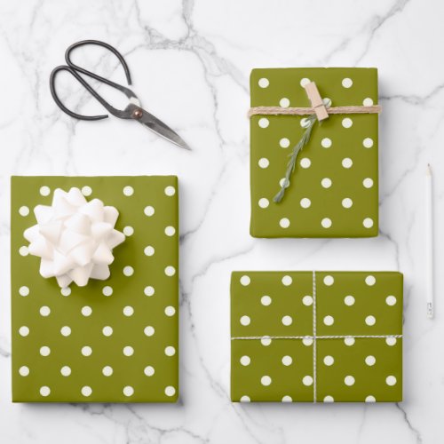 Contrast  Harmony Olive Green  White Polka Dots Wrapping Paper Sheets