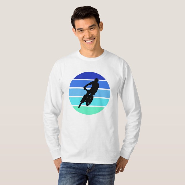 Contrast Mountain Biker on Retro Blue-Green Stripe T-Shirt (Front Full)