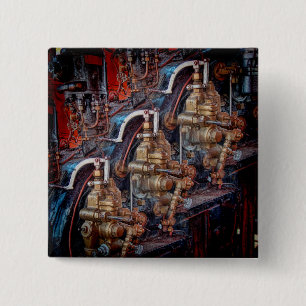 Controls of a steam locomotive engine badge. pinback button