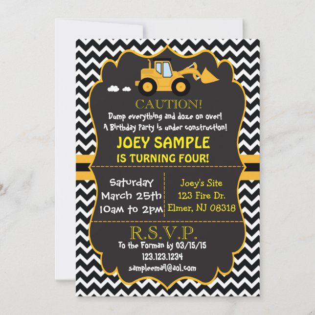 Contruction Bull Dozer  Birthday Invitation (Front)