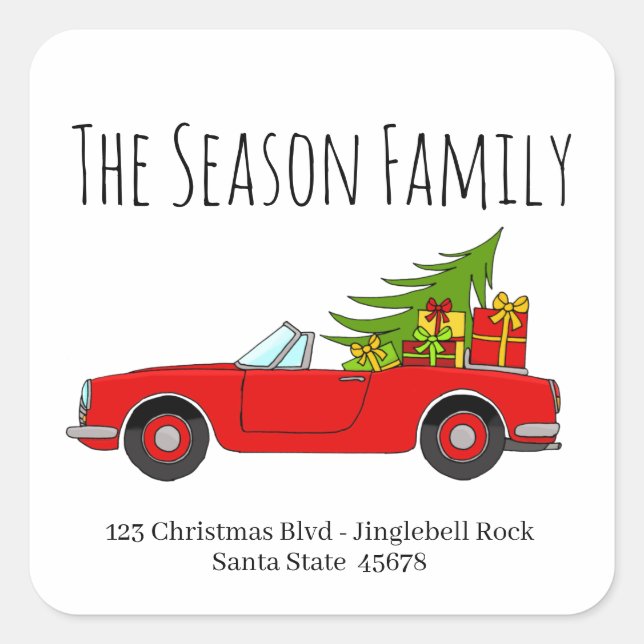 Convertible Red Car with Christmas Gifts Square Sticker (Front)
