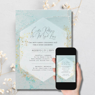 Convite Casamento Ouro Azul Turquesa Portuguese Invitation