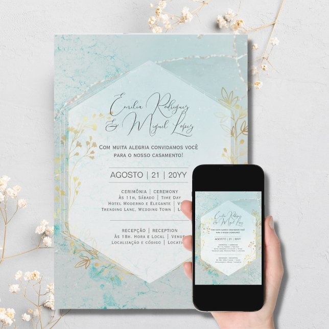Convite Casamento Ouro Azul Turquesa Portuguese Invitation (Creator Uploaded)