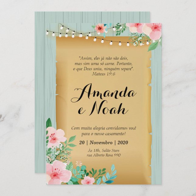 Convite de Casamento, amadeirado turquesa Invitation (Front/Back)