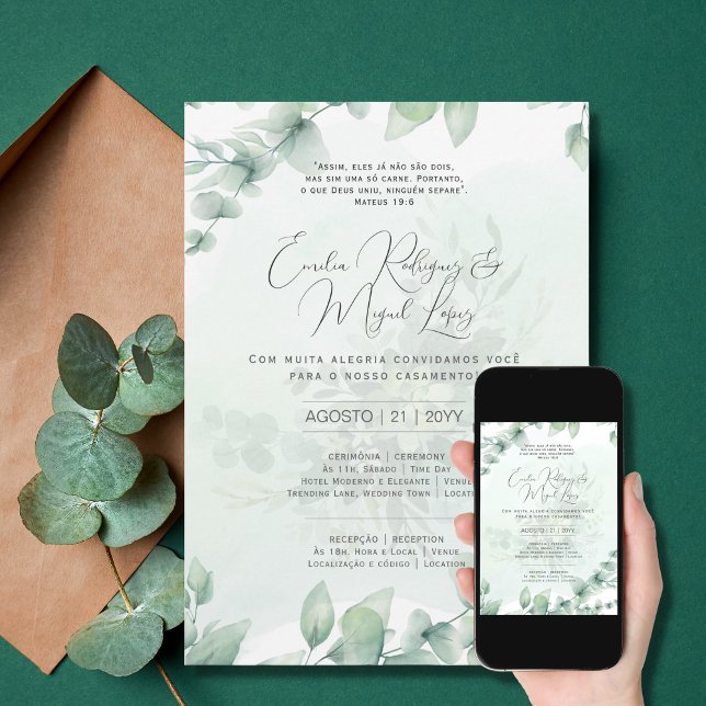 Convite de Casamento Folhas Verdes Portuguese Inv Invitation (Creator Uploaded)
