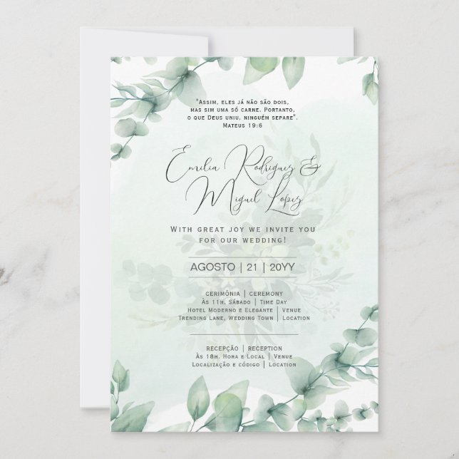 Convite de Casamento  Folhas Verdes Portuguese Invitation (Front)