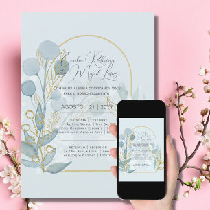 Convite de Casamento Ouro Azul Claro Portuguese Invitation