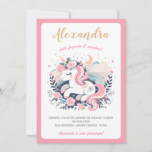 Convite Mágico Unicórnio Rosa em Português Invitation