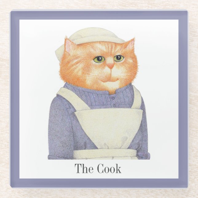 COOK CAT Glass Drink Coaster + Text (Front)
