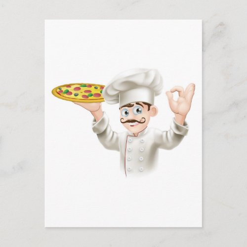 Cook holding a tasty pizza postcard