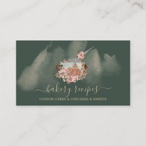 Cook Recipe Whisk Dough Bowl sage green gold Business Card