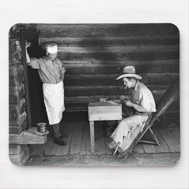 Cook watching a cowboy play cards mouse pad (Front)