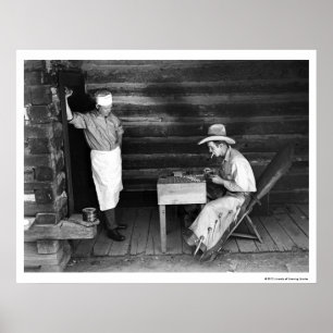 Cook watching a cowboy play cards poster